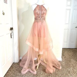 JOVANI Peach sequins beaded Spaghetti Straps Ruffled Tulle Trendy Long Dress 4